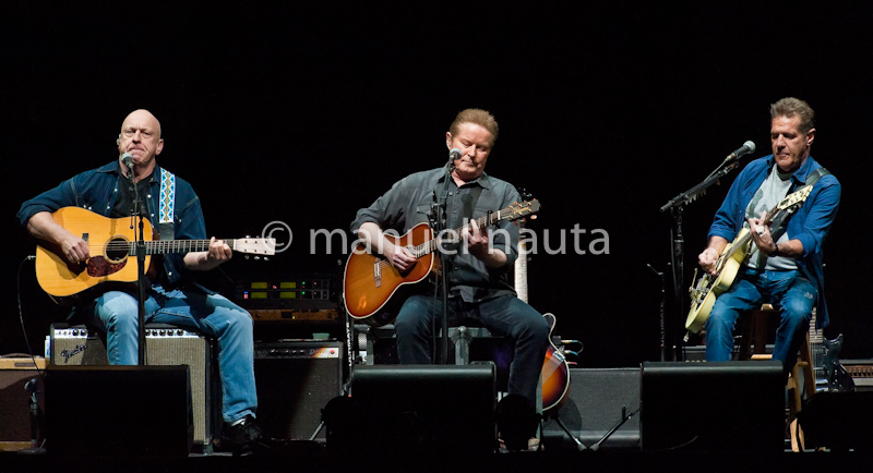 (L-R) Bernie Leadon, Don Henley and Glenn Frey with the Eagles perform in concert on the "History Of The Eagles" tour at the Toyota Center on February 21, 2014 in Houston, Texas - USA