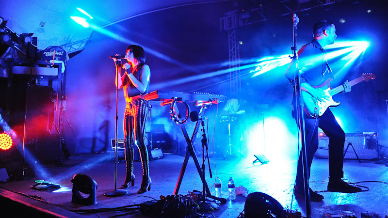 Sarah Barthel (L) and Josh Carter (R) of the duo Phantogram perform in concert at Stubb's on April 22, 2014 in Austin, Texas.