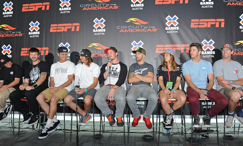 (L-R) Pedro Barros, Chris Cole, Bob Burnquist, Bucky Lasek, Morgan Wade, Jamie Bestwick, Tarah Gieger, Arie Luyendyk Jr. and Travis Pastrana / Photo © Manuel Nauta