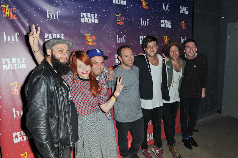 Colin Louis Dieden, Katie Jayne Earl , Matthew Di Panni, Josh Hogan, Dave Appelbaum, Spencer Trent, Andy Warren  of The Mowgli's pose backstage during Perez Hilton's One Night in Austin at Austin Music Hall on March 21, 2015 in Austin, Texas. Photo © Manuel Nauta