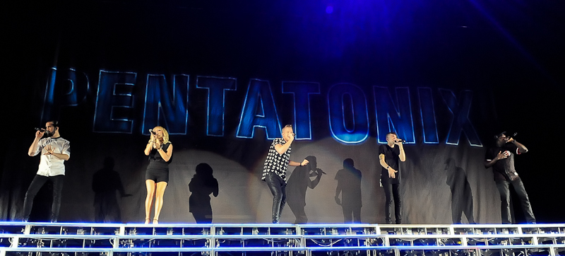 Avi Kaplan, Kirstie Maldonado, Scott Hoying, Mitch Grassi, and Kevin Olusola of Pentatonix perform during Kelly Clarkson's Piece by Piece Tour at Austin360 Amphitheater on August 29, 2015 in Austin, Texas. Photo © Manuel Nauta