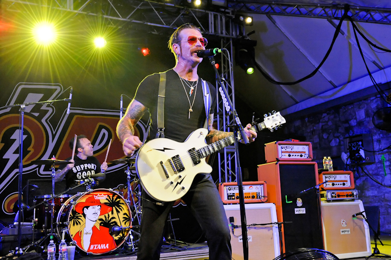 Jesse Hughes and Jorma Vic on drums of the band Eagles of Death Metal perform in concert at Stubb's on May 21, 2016 in Austin, Texas. Photo © Manuel Nauta