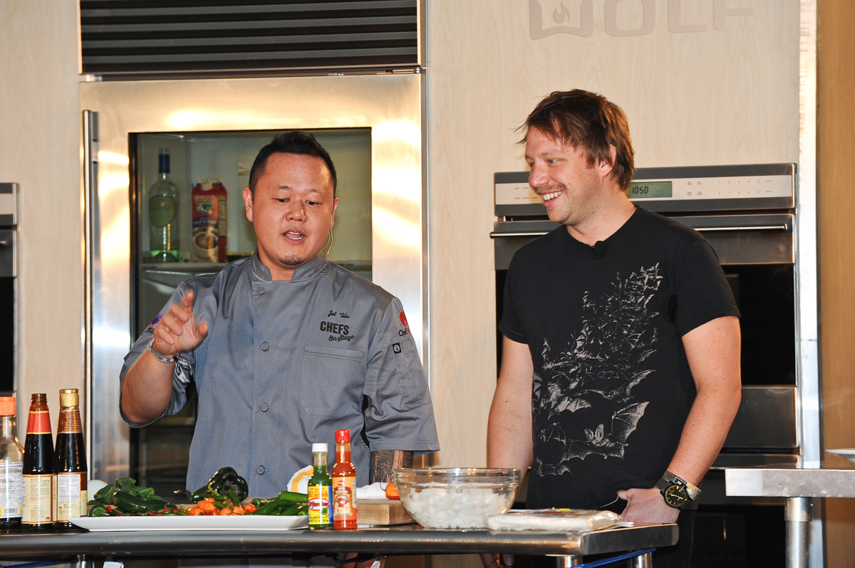 Chef Jet Tilla and musician Ben McKee from the band Imagine Dragons during a cooking session day 1 of the Life Is Beautiful Festival on October 26, 2013 in Las Vegas, Nevada. Photo © Manuel Nauta 