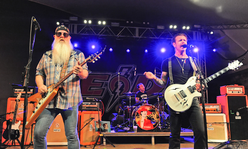 (L-R) Dave Catching, Jorma Vic, and Jesse Hughes of the band Eagles of Death Metal perform in concert at Stubb's on May 21, 2016 in Austin, Texas. Photo © Manuel Nauta