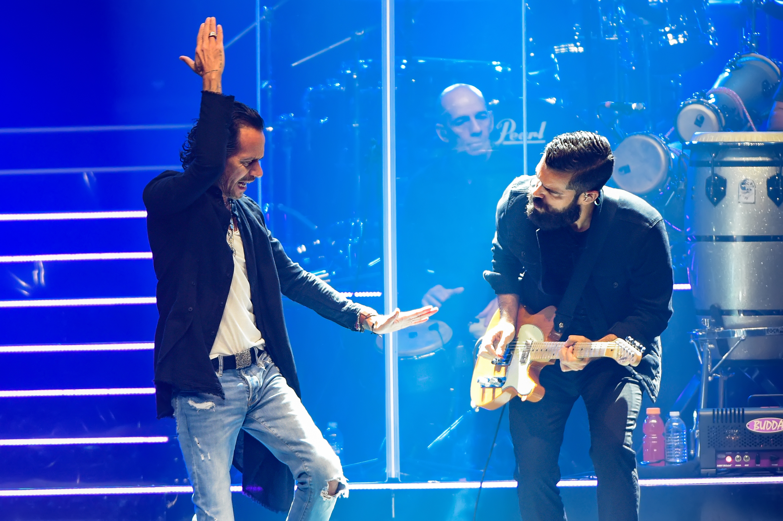 Marc Anthony (L) and Mario Guini (R) perform on the 2020 OPUS tour at the H.E.B. Center on March 1, 2020 in Cedar Park, Texas. Photo © Manuel Nauta