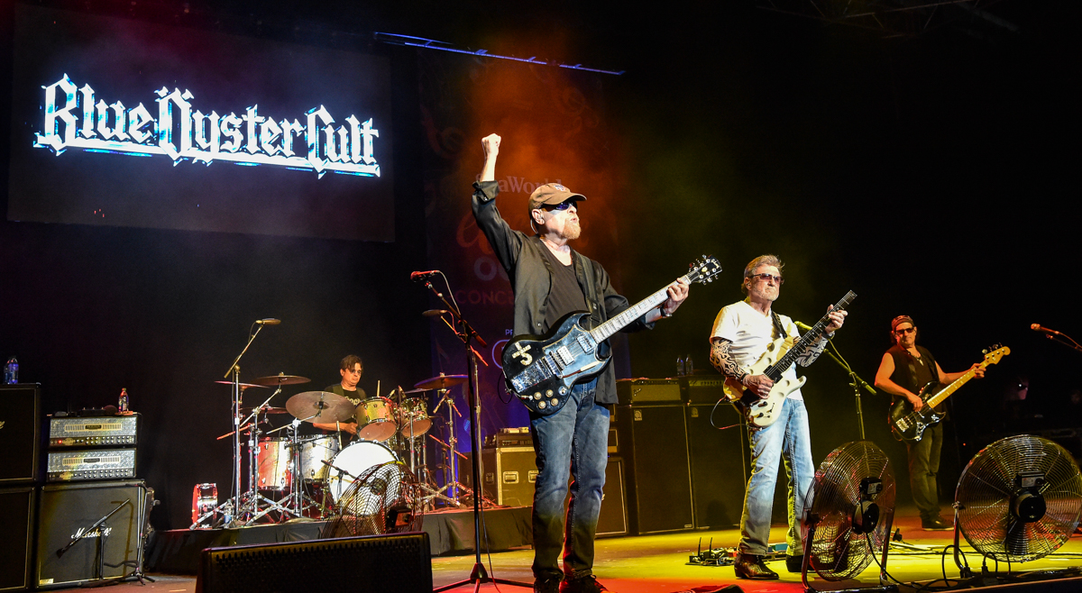 (L-R) Jules Radino, Eric Bloom, Donald "Buck Dharma" Roeser and Danny Miranda perform in concert with Blue Oyster Cult at the SeaWorld Electric Ocean Concert Series in San Antonio, Texas on August 1, 2021 / Photo © Manuel Nauta