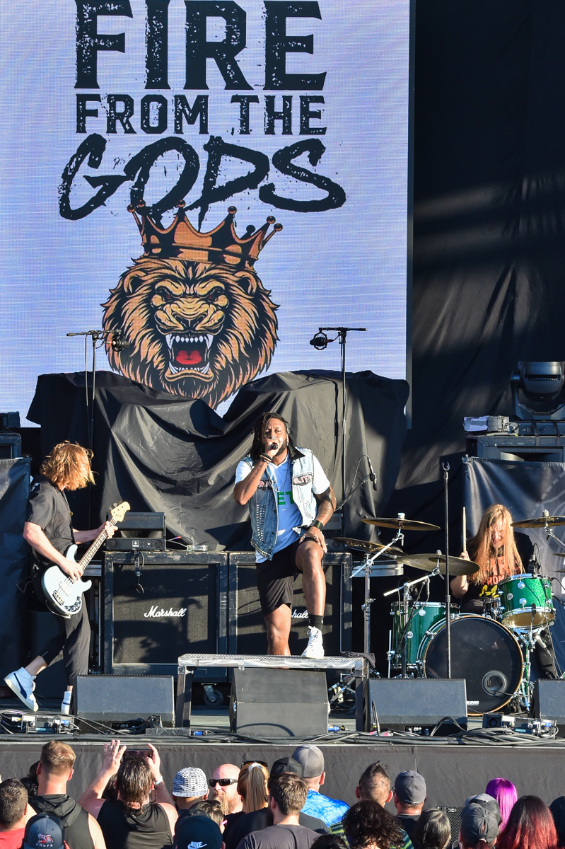 Bonner Baker (L), AJ Channer (C) and Richard Wicander (R) perform in concert with Fire from the Gods at the Germania Insurance Amphitheater in Austin, Texas on September 18, 2021. Photo © Manuel Nauta